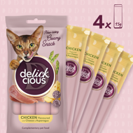 DELICKCIOUS kreminiai skanėstai su vištiena, sūriu ir smidrais suaugusioms katėms (4x15 g), 60 g