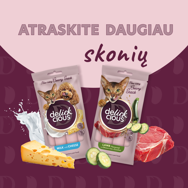 DELICKCIOUS kreminiai skanėstai su vištiena, sūriu ir smidrais suaugusioms katėms (4x15 g), 60 g