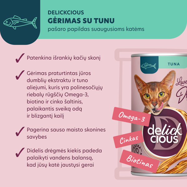 DELICKCIOUS pašaro papildas suaugusioms katėms - sriuba su tunu, 140 g