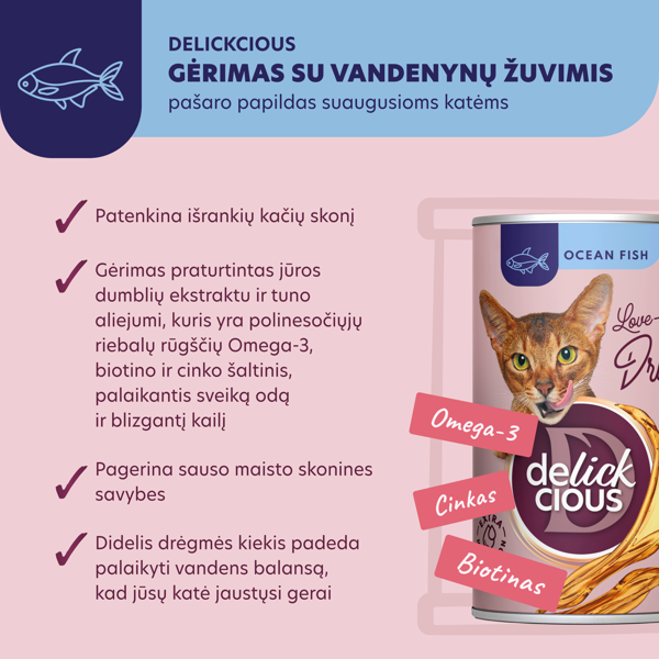 DELICKCIOUS pašaro papildas suaugusioms katėms - sriuba su vandenyno žuvimi, 140 g