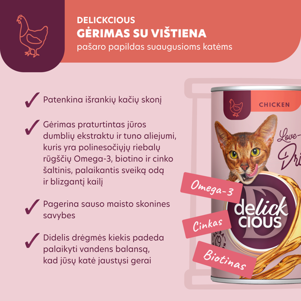 DELICKCIOUS pašaro papildas suaugusioms katėms - sriuba su vištiena, 140 g