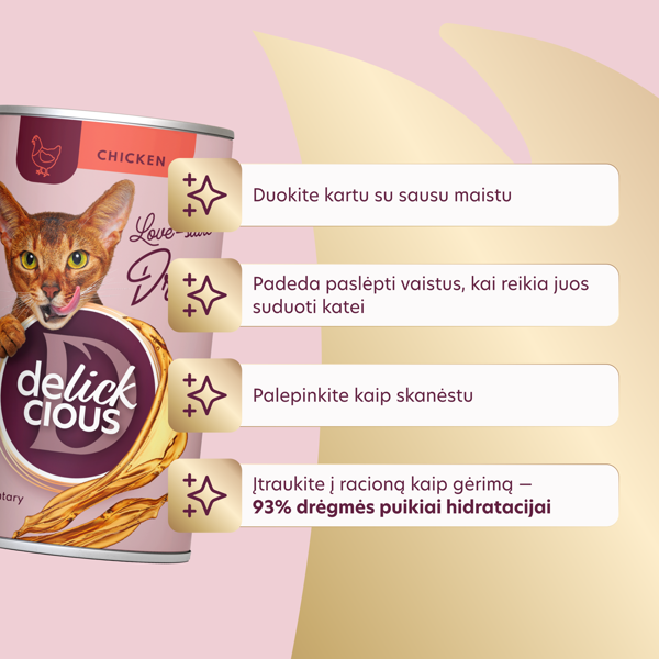 DELICKCIOUS pašaro papildas suaugusioms katėms - sriuba su vištiena, 140 g