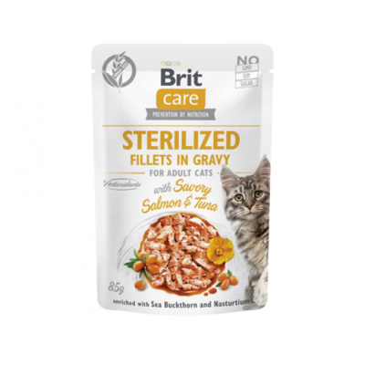 BRIT CARE konservuotas pašaras sterelizuotoms katėms su lašiša ir tunu, 85 g