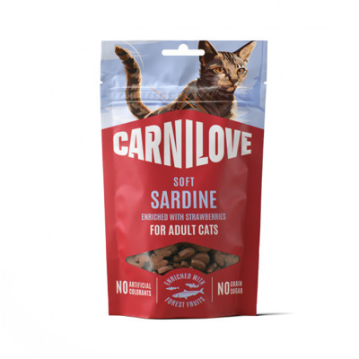 CARNILOVE minkšti skanėstai su sardinėmis ir braškėmis katėms, 50 g
