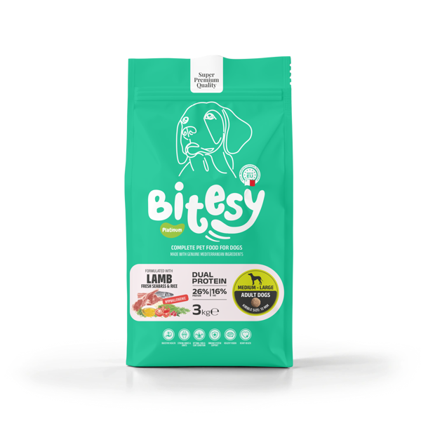 BITESY PLATINUM Dual Protein sausas maistas su ėriena ir ešeriu šunims, 3kg 