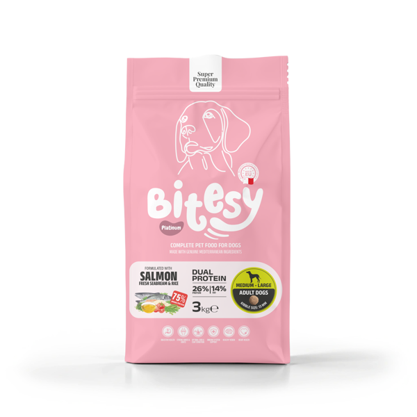 BITESY PLATINUM Dual Protein sausas maistas su lašiša ir dorada šunims, 13 mm, 3kg 