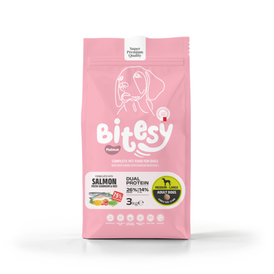 BITESY PLATINUM Dual Protein sausas maistas su lašiša ir dorada šunims, 13 mm, 3kg 