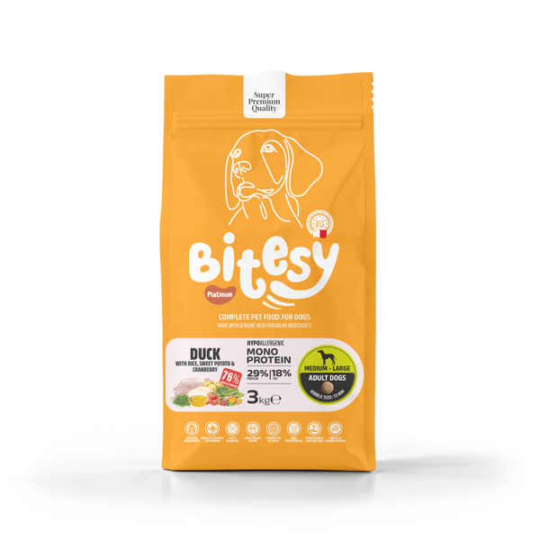 BITESY PLATINUM Monoprotein sausas maistas su antimi ir batatai šunims, 3kg