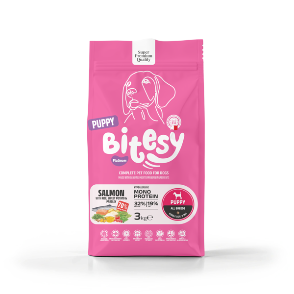 BITESY PLATINUM Monoprotein sausas maistas su lašiša ir batatais šuniukams, 3kg 