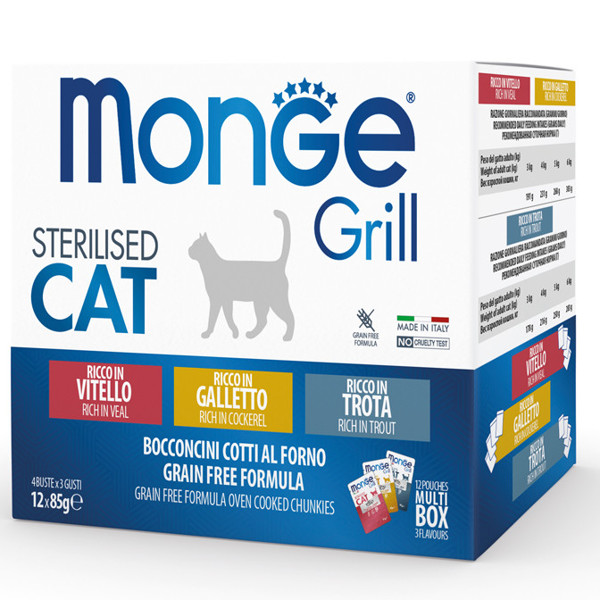 MONGE GRILL konservuotas pašaras su gaidiena, veršiena ir upėtakiu sterilizuotoms katėms, 85 g