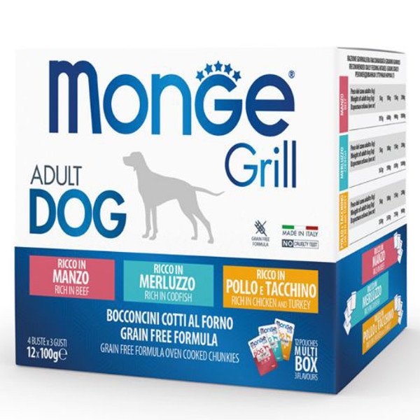 MONGE GRILL konservuotas pašaras su jautiena, menke ir vištiena suaugusiems šunims, 100 g