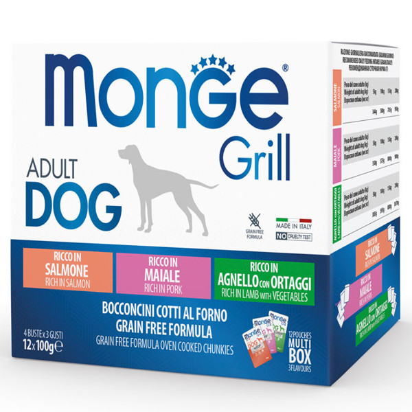 MONGE GRILL konservuotas pašaras su lašiša, kiauliena ir ėriena suaugusiems šunims, 100 g