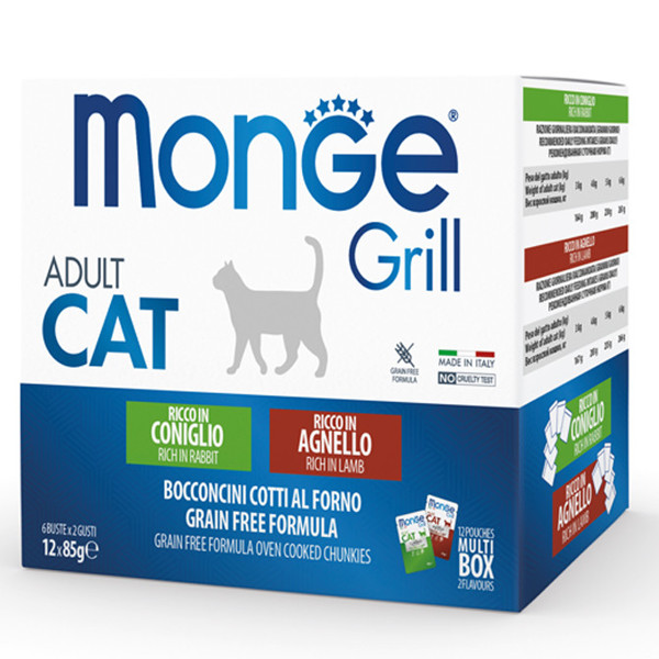 MONGE GRILL konservuotas pašaras su triušiena ir ėriena suaugusioms katėms, 85 g