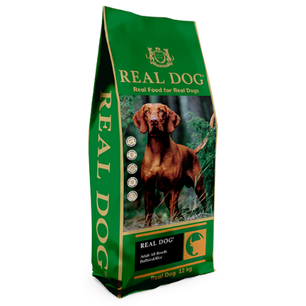 REAL DOG sausas pašaras su buivoliena ir ryžiais suaugusiems šunims, 12 kg