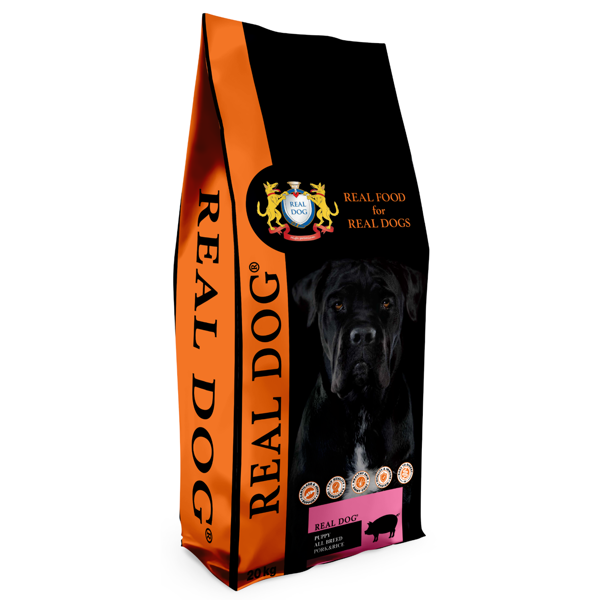 REAL DOG sausas pašaras su kiauliena ir ryžiais šuniukams, 20 kg