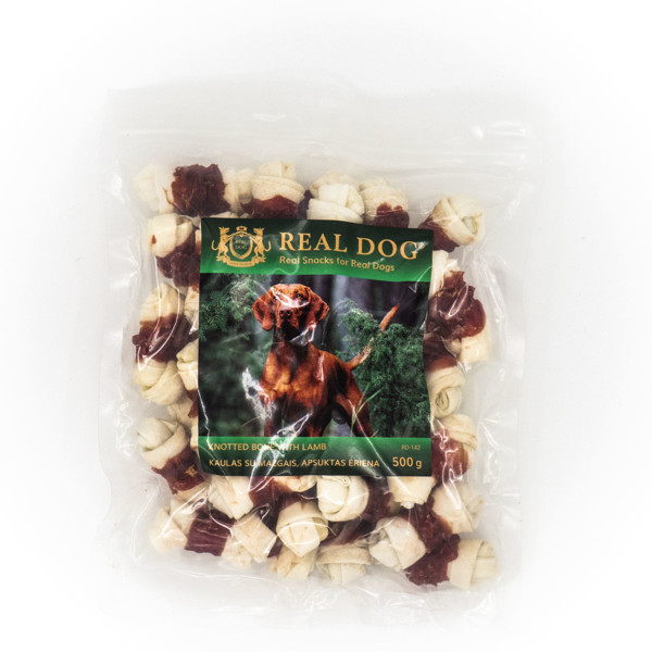 REAL DOG SNACKS kaulas su mazgais, apsuktas ėriena, 500 g