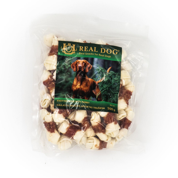 REAL DOG SNACKS kaulas su mazgais, apsuktas triušiena, 500 g