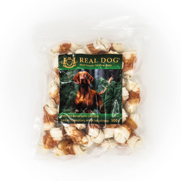 REAL DOG SNACKS kaulas su mazgais, apsuktas vištiena, 500 g