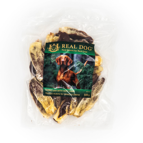 REAL DOG SNACKS triušio ausys su minkšta ėriena, 500 g