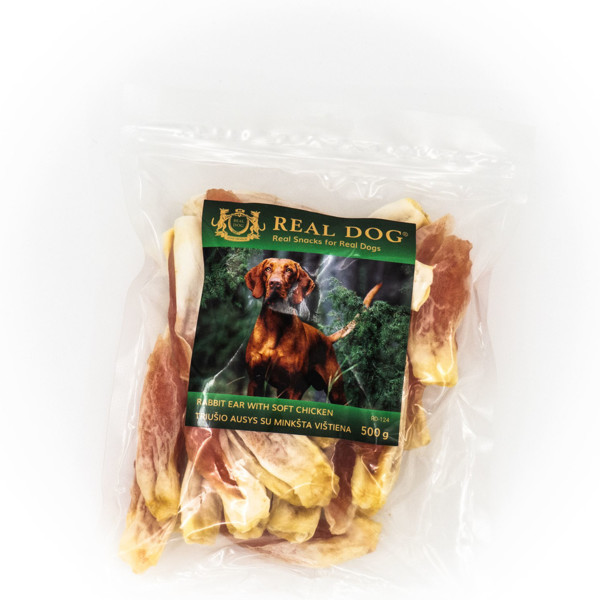 REAL DOG SNACKS Triušio ausys su minkšta vištiena, 500 g 