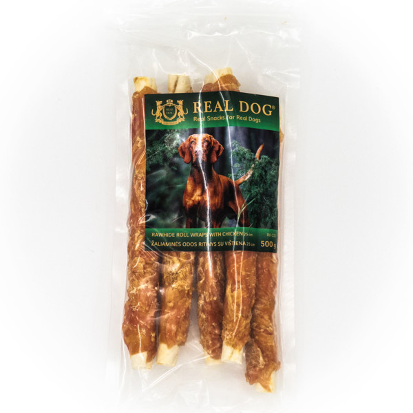REAL DOG SNACKS žaliaminės odos ritinys su vištiena, 500 g