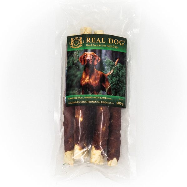 REAL DOG SNACKS žaliaminės odos ritinys su ėriena, 25 cm, 500 g
