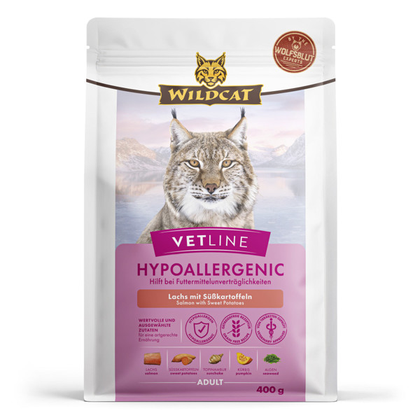 WILDCAT VetLine Hypoallergenic dietinis pašaras suaugusioms alergiškoms katėms, 400 g