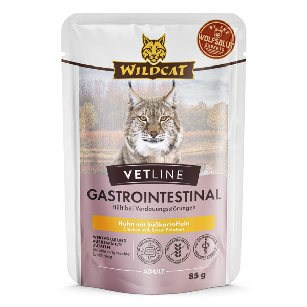 WILDCAT VetLine Gastrointestinal Chicken dietinis pašaras katėms esant žarnyno sutrikimams, 85 g